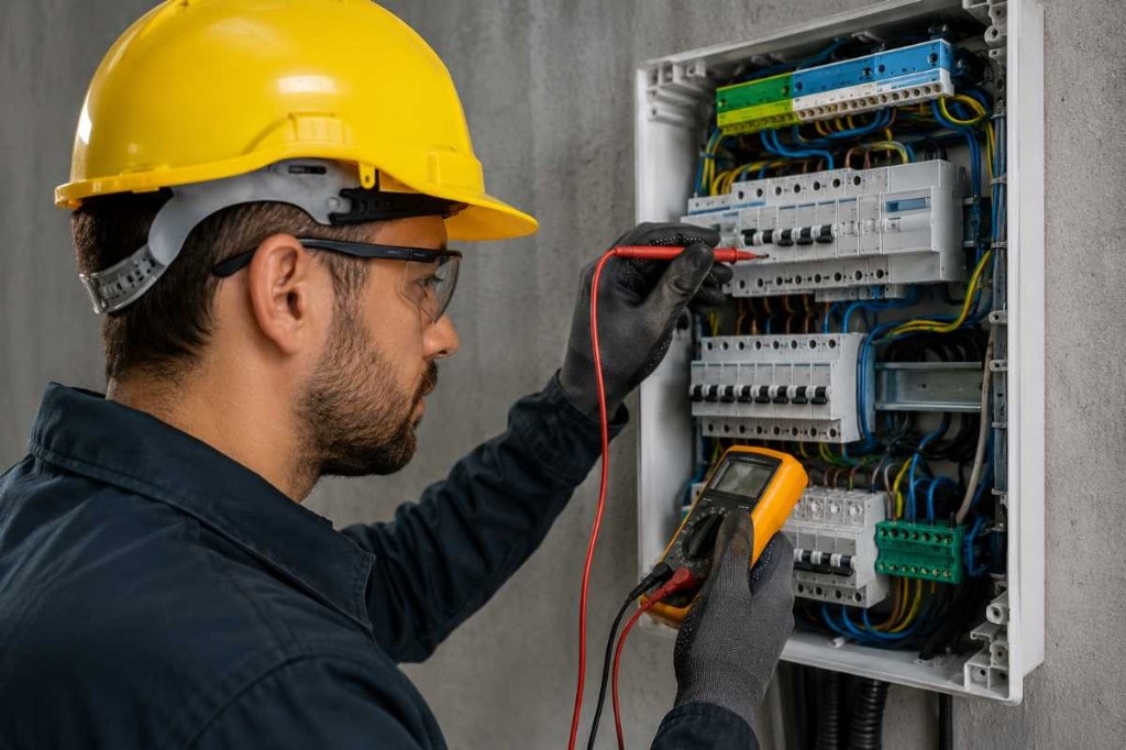 Elektrik teknisyeni sigorta panosunda ölçü aletiyle kontrol yapıyor