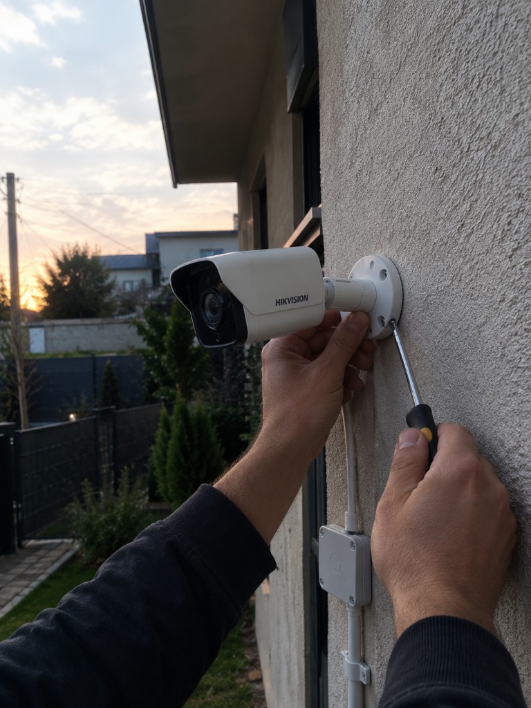 Teknisyen dış cepheye IP güvenlik kamerası montajı yapıyor